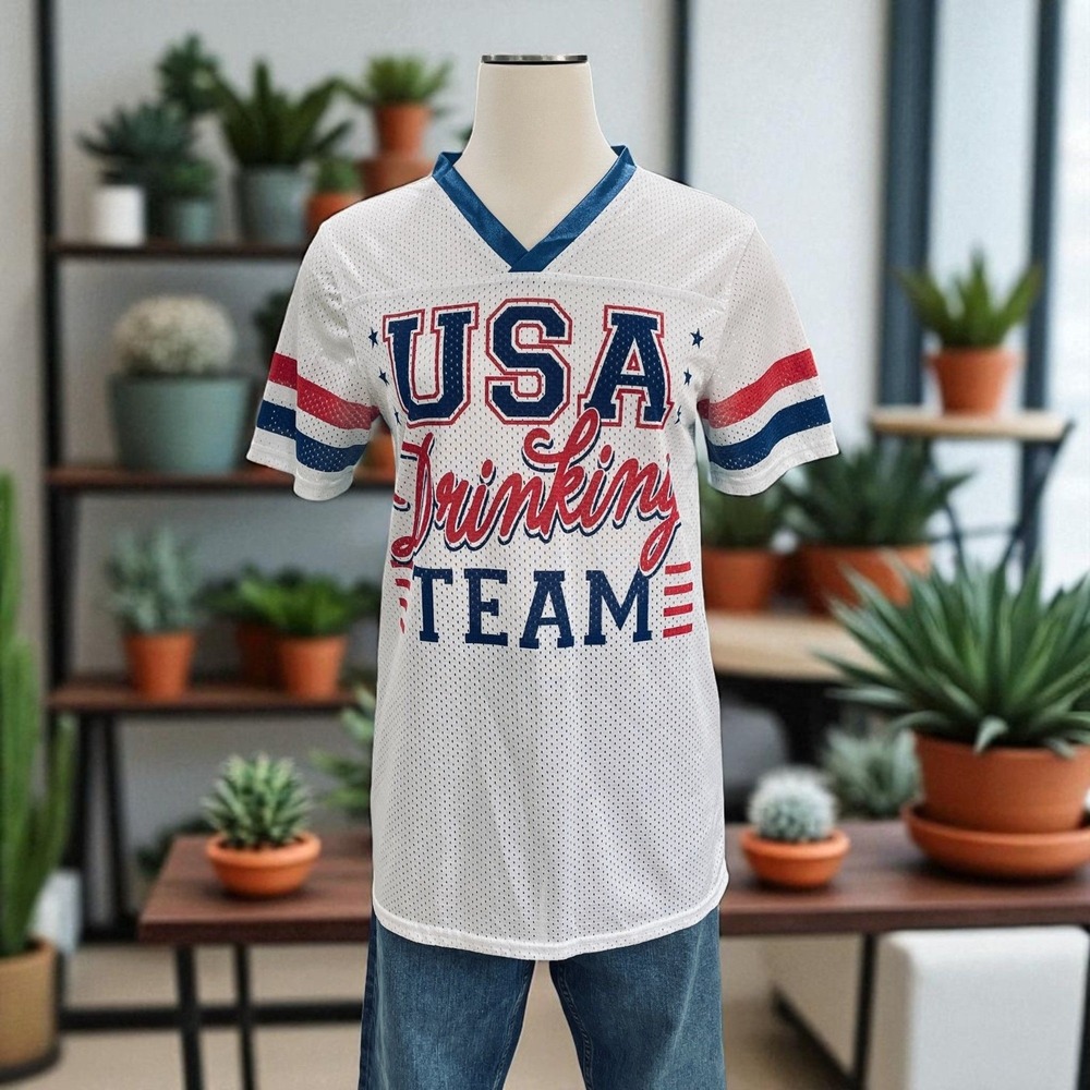 Spencers USA Drinking Team Jersey Shirt 76 White Mesh Red Blue Graphic Small